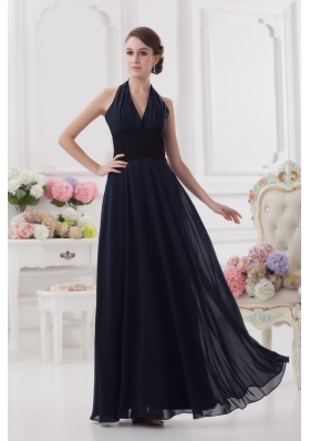 Navy Blue Halter top Long Prom Dress with Ruching and Lace