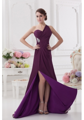One Shoulder Empire Ruching and High Slit Backless Prom Dress