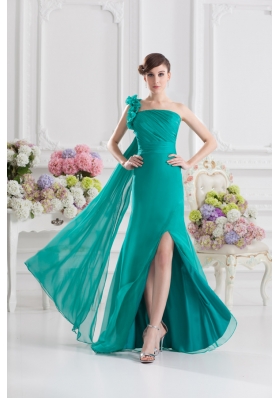 One Shoulder Turquoise Column Handle Made Flowers Prom Dress