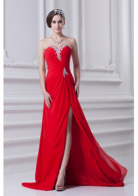 Red Sweetheart High Slit and Beading Prom Dress with Brush Train