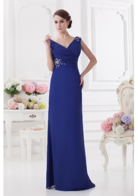 Ruching and Beading V-neck Column Dark Blue Prom Dress