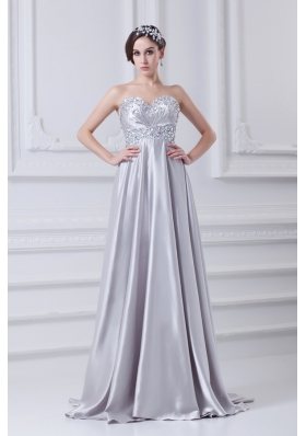 Silver A-line Sweetheart Taffeta Beading Brush Train Prom Dress