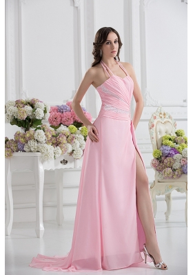 Straps Baby Pink High Slit and Ruching Empire Prom Dress with High Slit