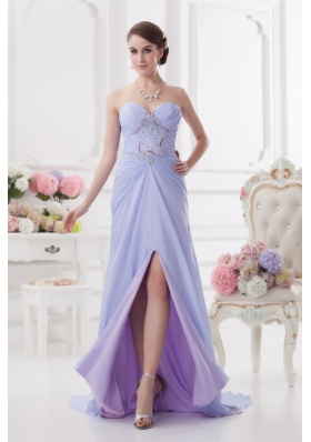 Sweetheart Brush Train Lavender Prom Dress with Ruching and Beading