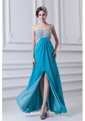 Sweetheart Deep Sky Blue Chiffon Prom Dress with Beading