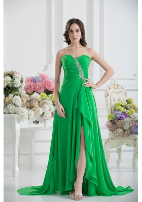 Sweetheart High Slit Beading Spring Green Prom Dress with Ruching - US ...