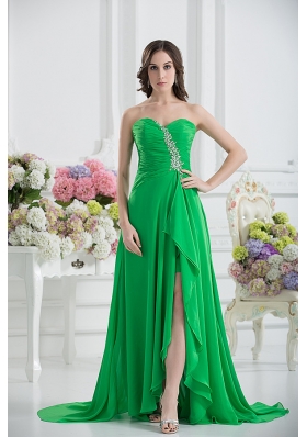 Sweetheart High Slit Beading Spring Green Prom Dress with Ruching