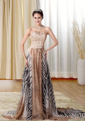 Modest Multi-color Strapless Prom Dress with Leopard Print