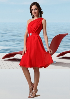 Amazing Chiffon One Shoulder Sleeveless Beading Prom Dress in Red
