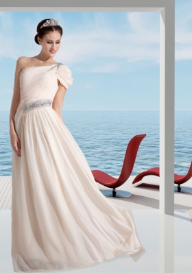 Champagne Empire One Shoulder Prom Dress with Beading and Ruching