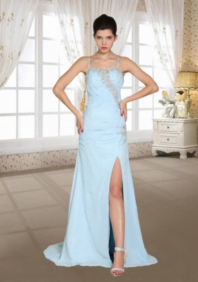 Column Light Blue Chiffon Beading and High Slit Spaghetti Straps Prom Dress