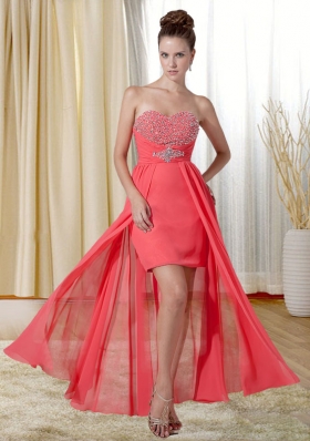 Fashionable Beading and Ruching Column Sweetheart Prom Dress in Watermelon Red