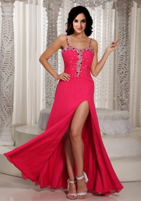 High Slit Beaded Spaghetti Straps  Chiffon Prom Dress in Coral Red
