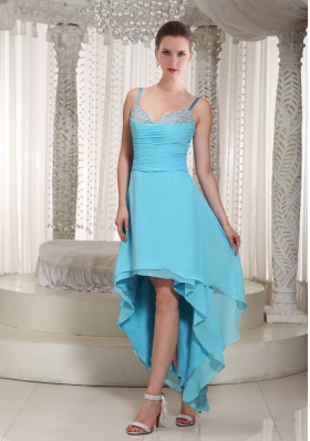 Spaghetti Straps Aqua Blue Chiffon High Low Prom Dress with Beading