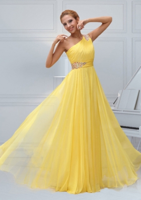 Yellow Chiffon One Shoulder Empire Beading and Ruching Prom Dress