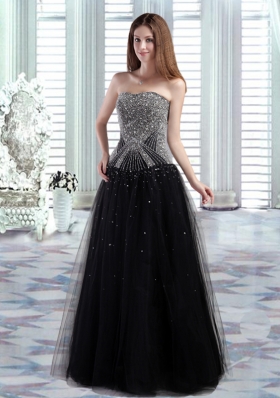 Black Column Floor Length Beading Prom Dress with Strapless