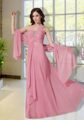 Cheap Beading One Shoulder Empire Prom Dress in Pink