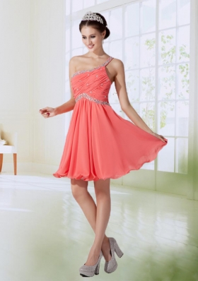 Cute One Shoulder Chiffon Empire Prom Dress in Watermelon