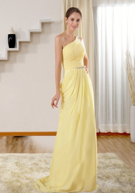 Elegant Column One Shoulder Brush Train Beading  Prom Dress in Yellow