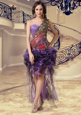 Exclusive High Low Column Appliques One Shoulder Prom Dress in Purple