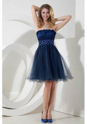 2015 Charming Navy Blue Princess Strapless Organza Beading Prom Dress