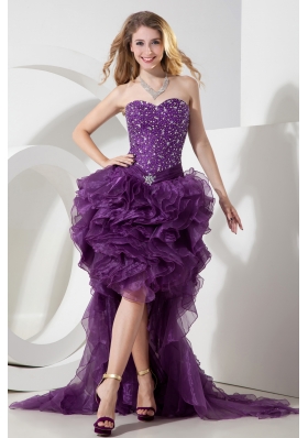2015 Unique Purple High Low Beading Organza Evening Dress with Brush Train
