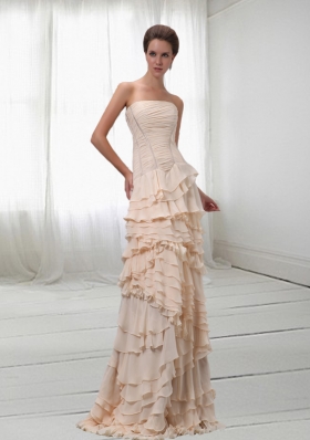 Modest Chiffon Champagne Strapless Layered Ruffles Prom Dress with Brush Train