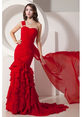 Red Mermaid Watteau Train Ruffled Layers  Gorgeous Chiffon Prom Dress with One Shoulder