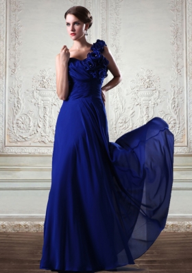 Sturning One Shoulder Chiffon Royal Blue Empire Prom Dress with Hand Made Flowers