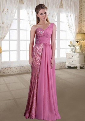 Exclusive Rose Pink Chiffon One Shoulder Column Prom Dress with Floor Length and Beading