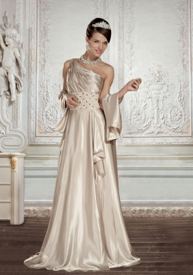 One Shoulder Empire Champagne Prom Dress with Beading