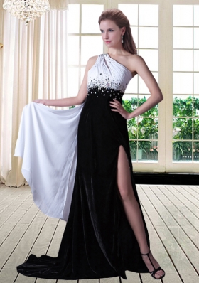 Popular White and Black Beaded Evening Dress with One Shoulder and Brush Train