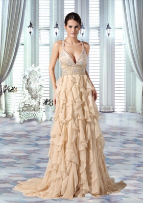 Sexy Ruffled Layers Beading Prom Dresses with Brush Train