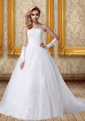 2014 Lace Chapel Train Ball Gown Wedding Dress with Strapless