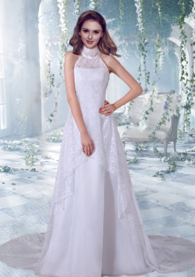 Beautiful A Line Lace and Bowknot Wedding Dress with High Neck