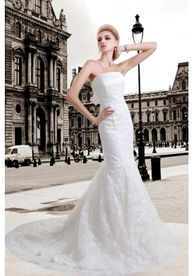 Lace Mermaid Strapless Court Train Wedding Dress with Zipper Up