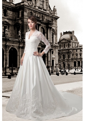 Lace V Neck Chapel Train A Line Wedding Dress with Long Sleeves