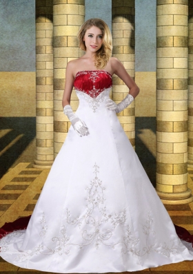 New Style A Line Strapless Chaple Train Wedding Dresses with Embroidery