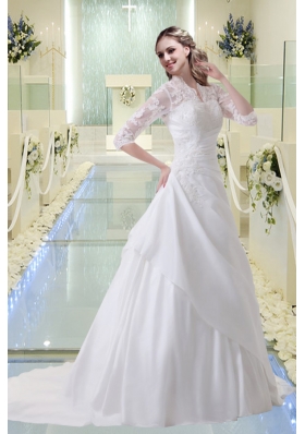 Princess Appliques V Neck Court Train Wedding Dress with Long Sleeves