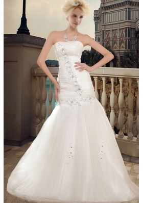 Wonderful Strapless A Line Chapel Train Wedding Dress with Beading