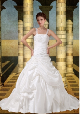 2014 Embroidery A Line Straps Wedding Dress with Brush Train