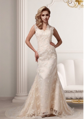 Champagne Lace V neck Court Train Clasp Handle Wedding Dresses