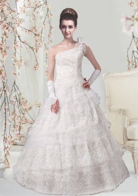 Elegant Princess One Shoulder Floor Length Wedding Dress with Lace