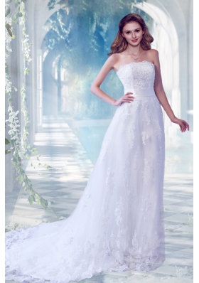 Fashionable Column Lace Appliques Wedding Dreses with Chapel Train