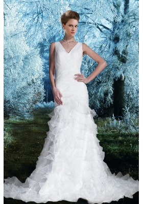 Gorgeous Column V Neck Court Train Wedding Dresses with Ruching