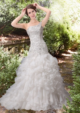 Gorgeous Ruffles A Line One Shoulder Court Train  Beading Wedding Dress