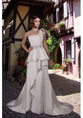 Inexpensive One Shoulder Beading Wedding Dress with Court Train