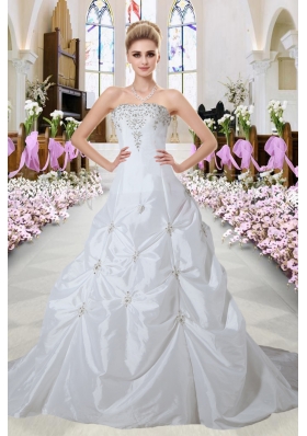 Luxurious A Line Strapless Appliques Court Train Wedding Dresses