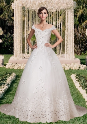 Off the Shoulder Lace Appliques Wedding Dress with Beading