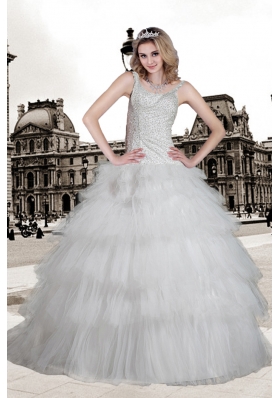 Popular Ball Gown Scoop Brush Train Beading Wedding Dress